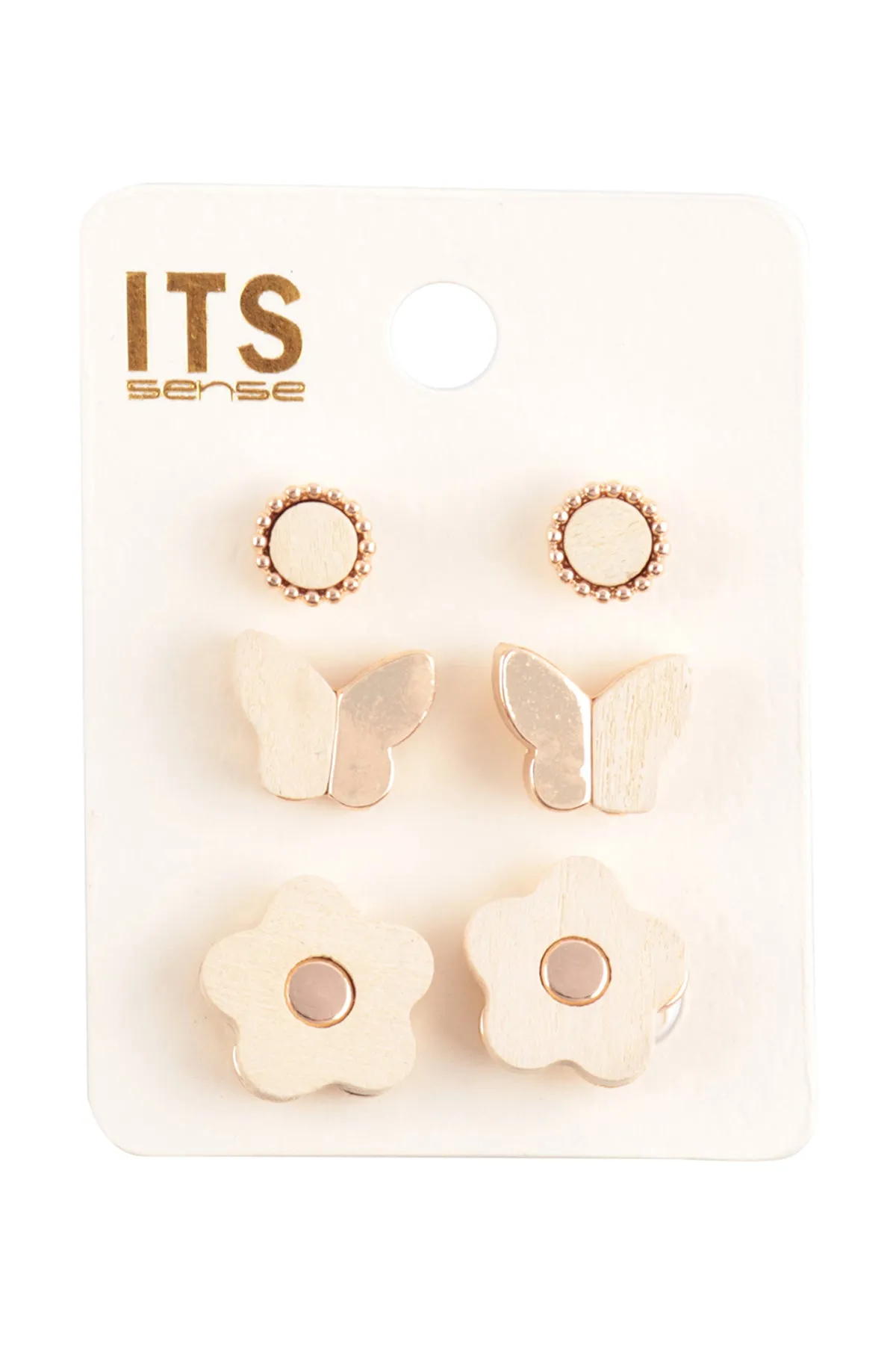 WOOD SPRING 3SET BUTTERFLY FLOWER STUD EARRINGS