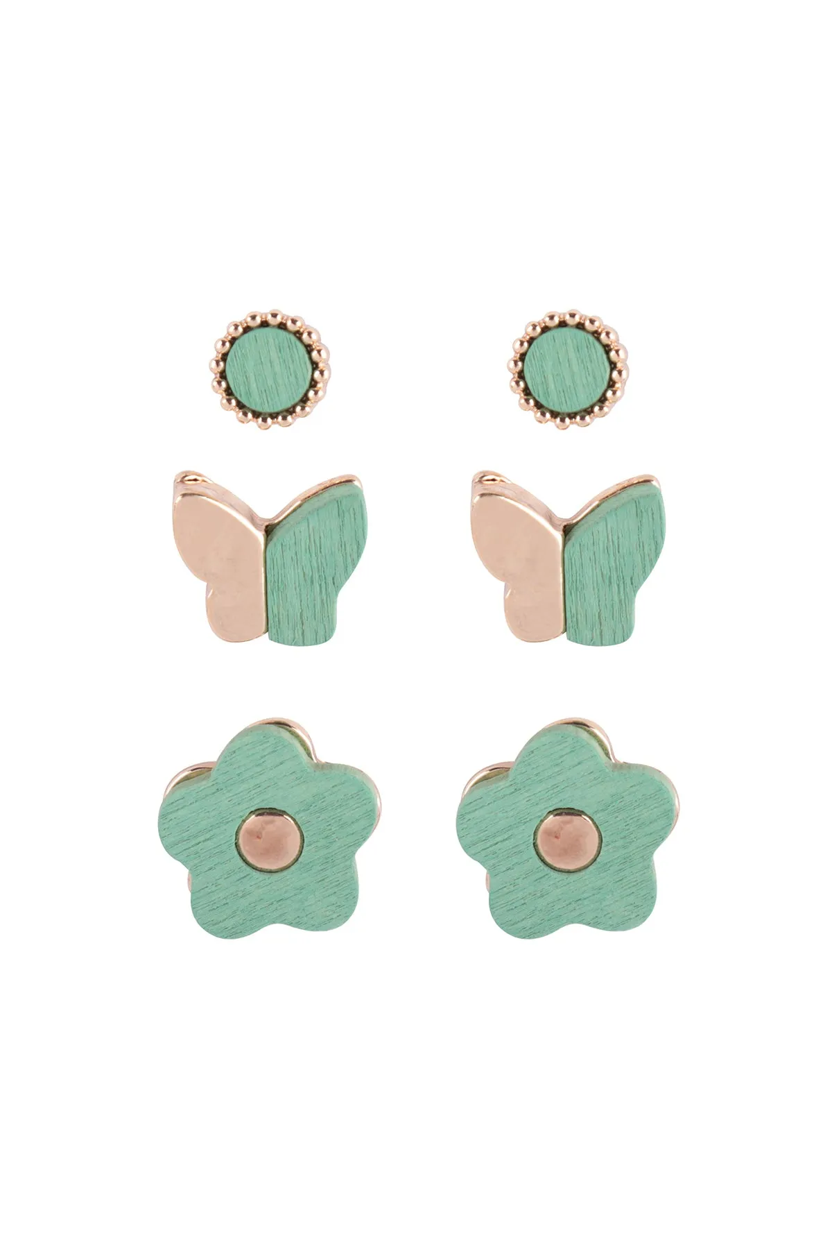WOOD SPRING 3SET BUTTERFLY FLOWER STUD EARRINGS