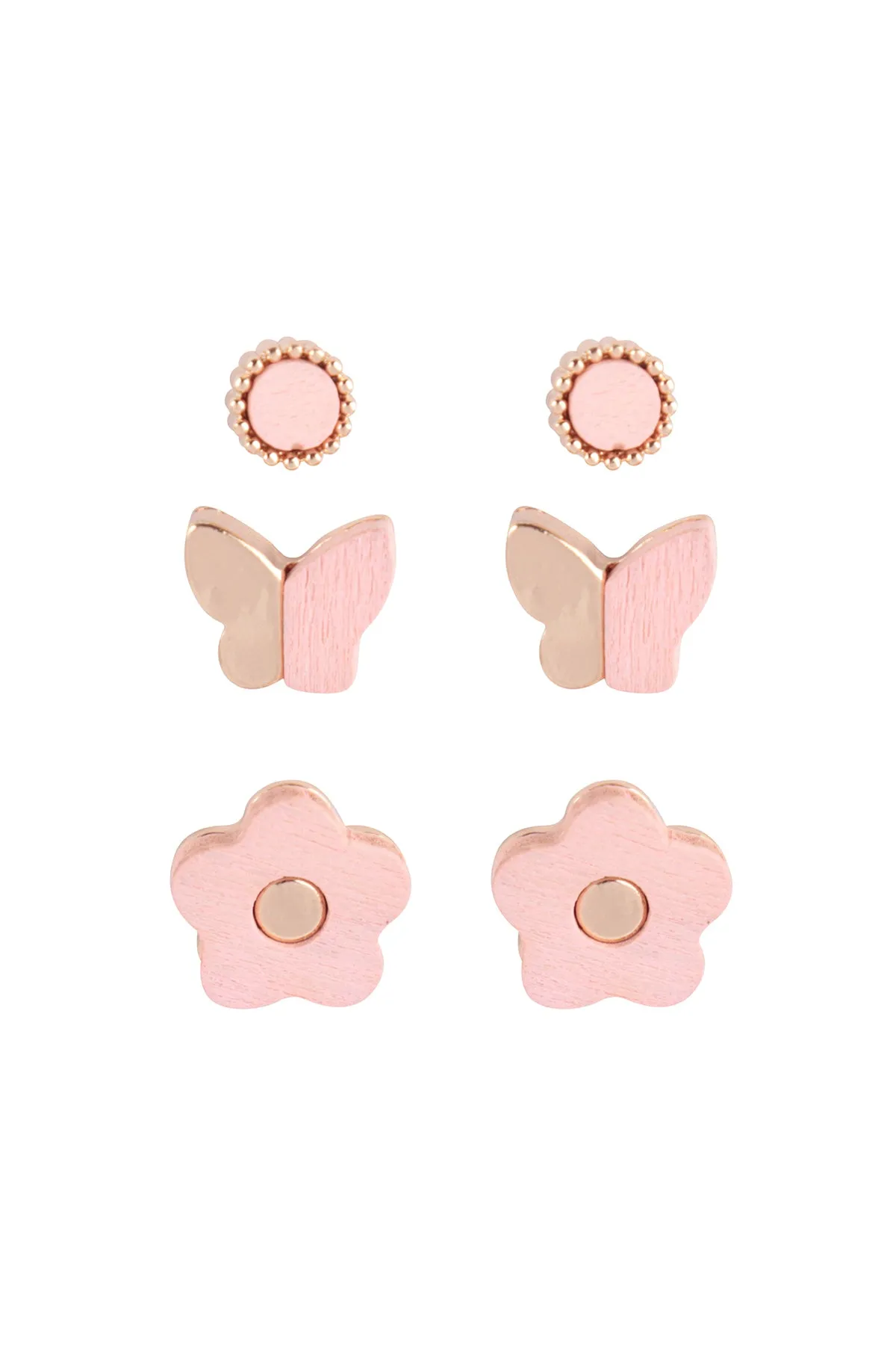 WOOD SPRING 3SET BUTTERFLY FLOWER STUD EARRINGS