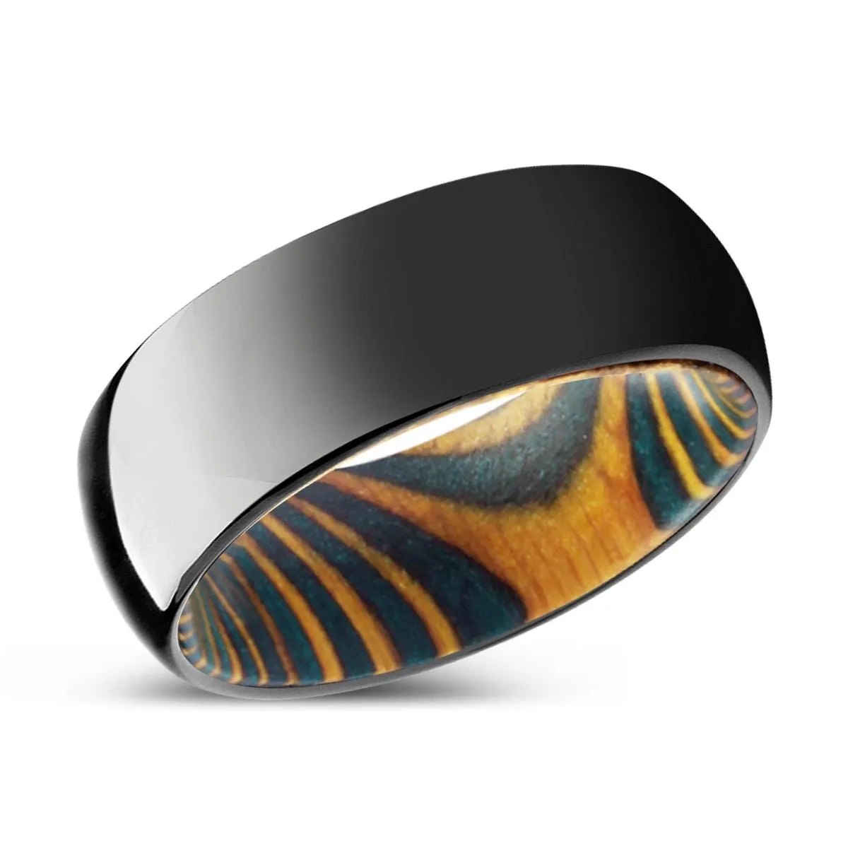 WOODLORE | Green & Yellow Wood, Black Tungsten Ring, Shiny, Domed