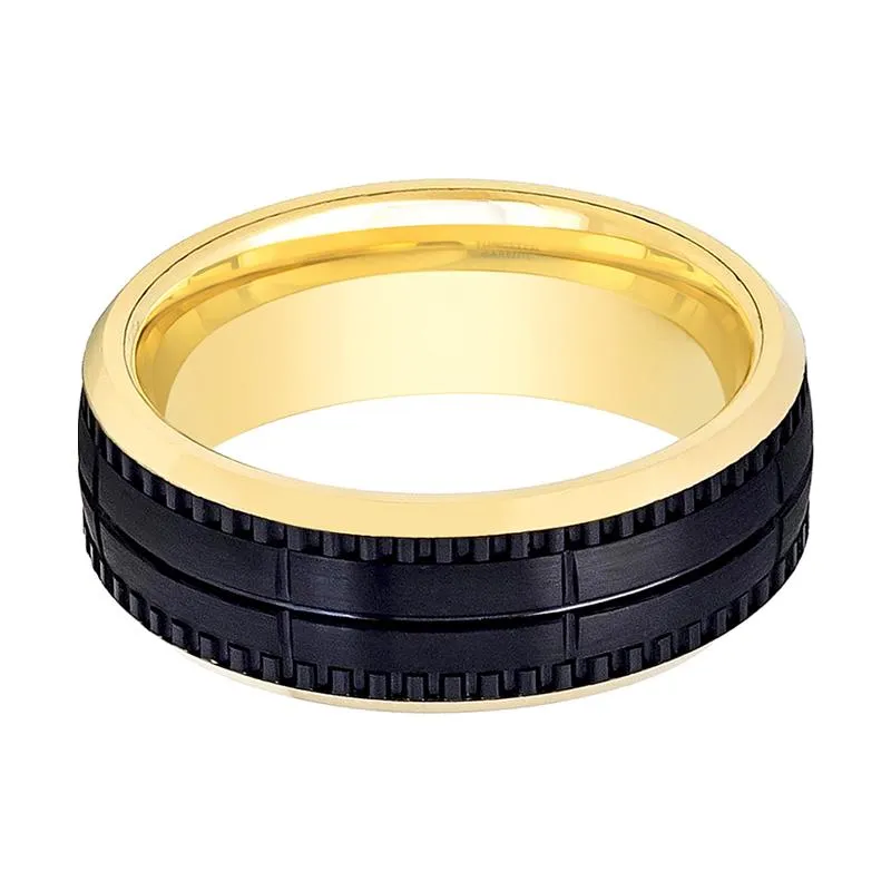 Yellow Gold Beveled Men's Black Tungsten Wedding Band with an inset Groove in Center and Block Center Pattern